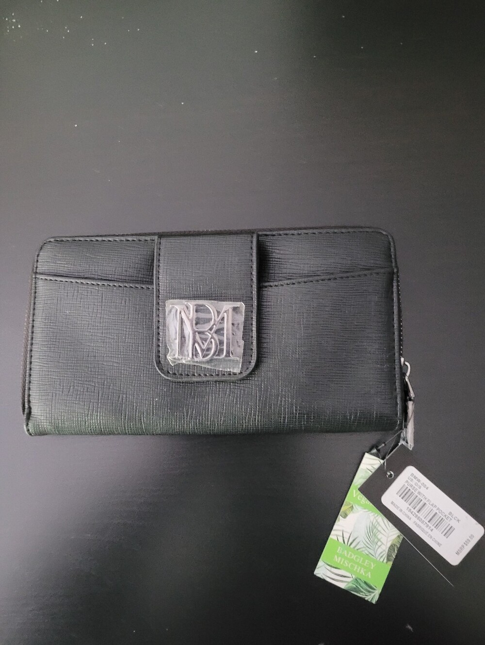 Badgley Mischka Black Faux Saffiano Zip-Around Wallet with Monogram Plaque